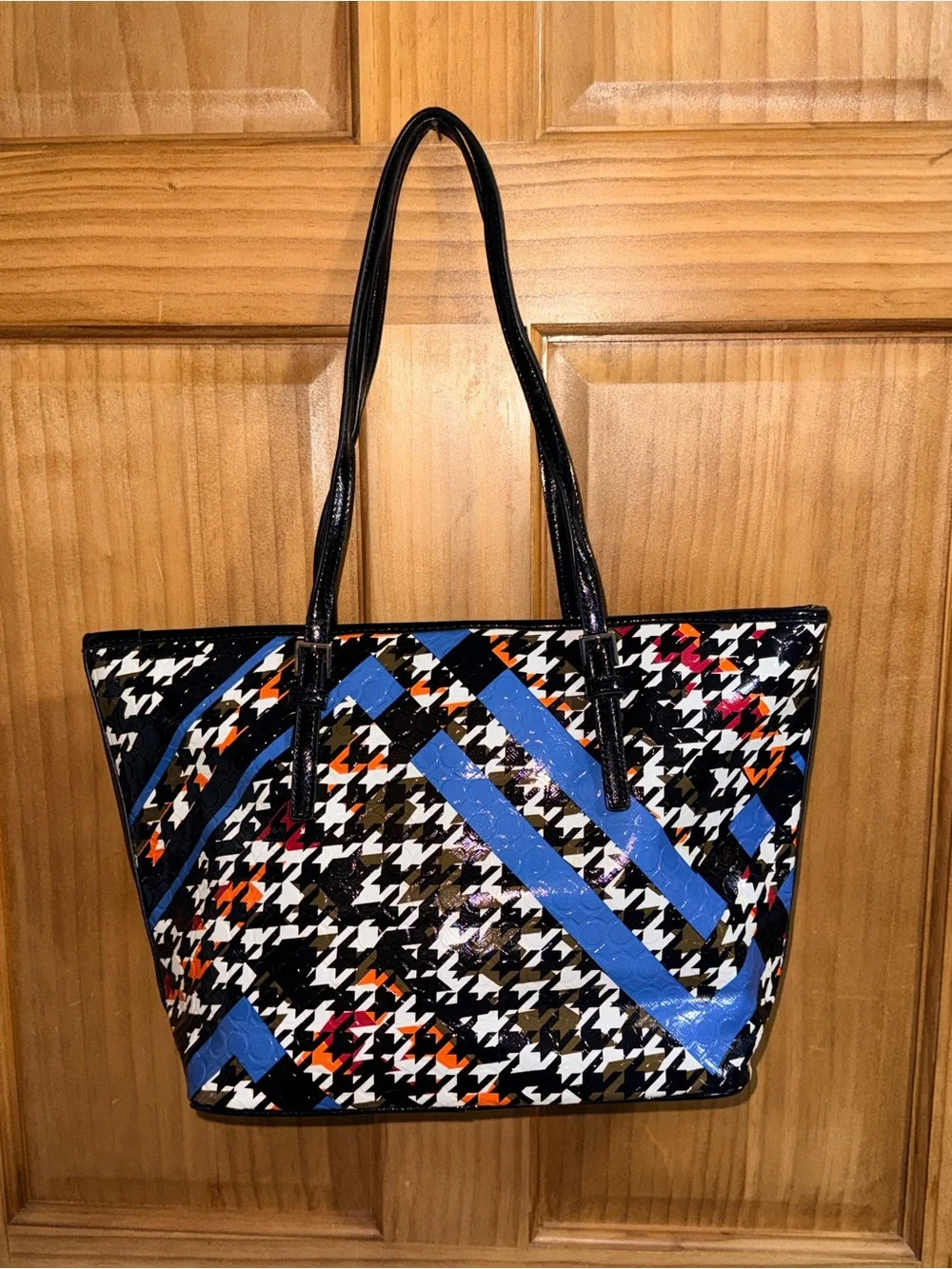 Nine West Black Patent Houndstooth Tote with Blue & Orange Accents & ID Wallet